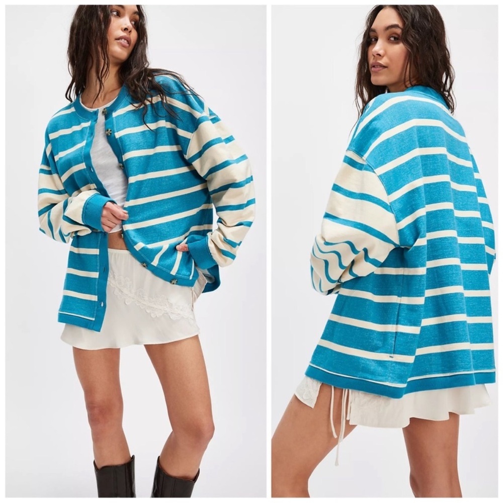 Free People Teal and Cream Striped Sweater